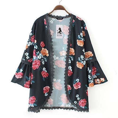 iYBUIA Womens Casual Solid Lace Three Quarter Flare Sleeve Chiffon Cardigan Loose Kimono Blouse Tops - Thumbnail 4