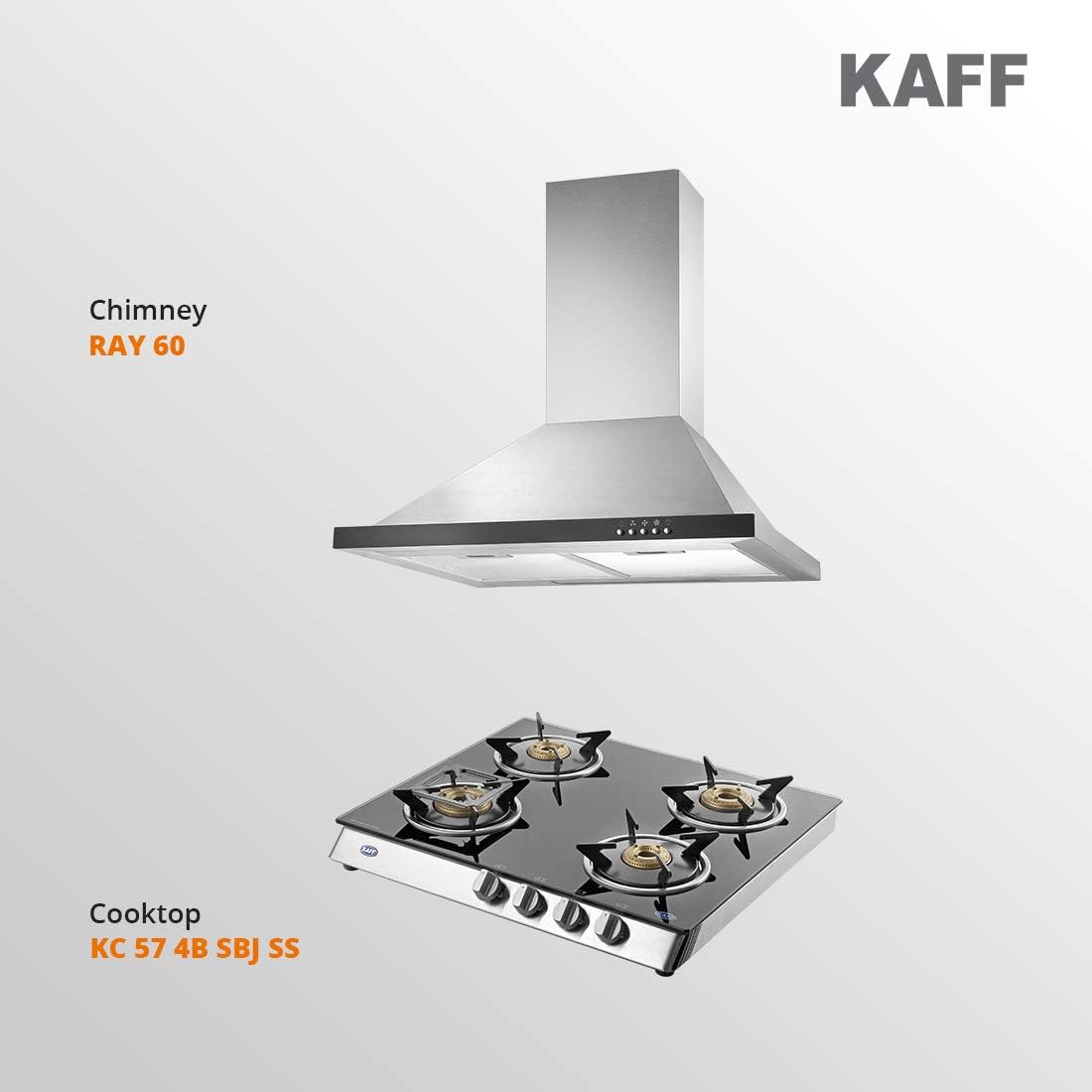 KAFF Kitchen Chimney 60 cm 1000 M3/H (RAY 60,Life Time Warranty*)+KAFF 4 Burner Cooktop black toughened glass (KC 57 4B SBBJ)