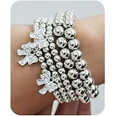 5Pcs Layered Beaded Bracelets Set for Women Gold/Silver Stretch Adjustable Bead Ball Bow Bracelets Boho Dainty Shiny Rhinestones Bow Bracelet Stackable Bangle Trendy Jewelry