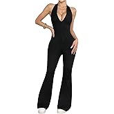 Milumia Women's Sexy Low Cut Halter Jumpsuit Sleeveless Bell Long Pants Romper Going Out