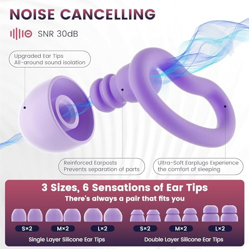 Ear Plugs for Sleeping for Side Sleepers, Soft Silicone Ear Plugs Anti Snoring 6 Sizes S/M/L for Optimal Fit (Single & Double), 2 Pairs Ear Wings, Reusable, Noise Reduction