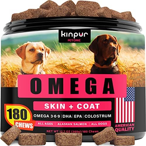 Kinpur Omega Fish Oil for Dogs – Itch Relief for Dogs and Anti-Shedding – Skin and Coat Supplement – Dog Vitamins for Allergies, Joint Health, Immunity with Epa and Dha- Omega 3 Dog Chews