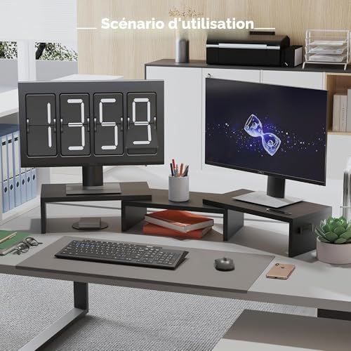 BONTEC Dual Monitor Stand, Desktop PC Monitor Riser, Wooden Desk Organizer, Adjustable Length and Angle for Portable Monitor and PC Monitor, Black