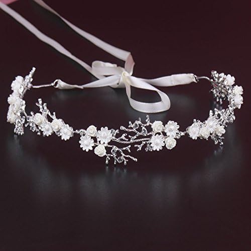 Princess White Flowers Floral Headband Crystal Rhinestone Tiara Hair Vine Jewelry with Ribbon Belt (White)
