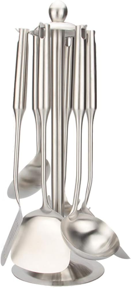 WEATLY Stainless Steel Utensil Set, 6 Piece Cooking Kitchen Utensil Set with Revolving Utensil Rack Organizer Holder for Kitchen Lover (Color : Silver)