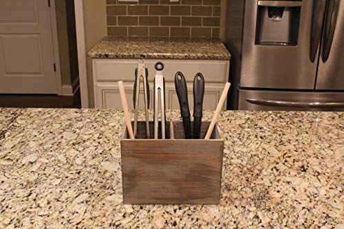 Vintage Rustic Barnwood Torched Wood Kitchen Utensil Holder - Organizer Caddy Box For Cooking, Silverware, Flatware, Sauce Spoon, Tongs, and More