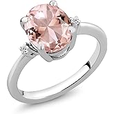 Gem Stone King 2.36 Cttw Peach Nano Morganite and White Topaz 3-Stone Ring For Women | 925 Sterling Silver | Oval 10X8MM | 3 Stone Wedding Engagement Anniversary Promise Ring For Women