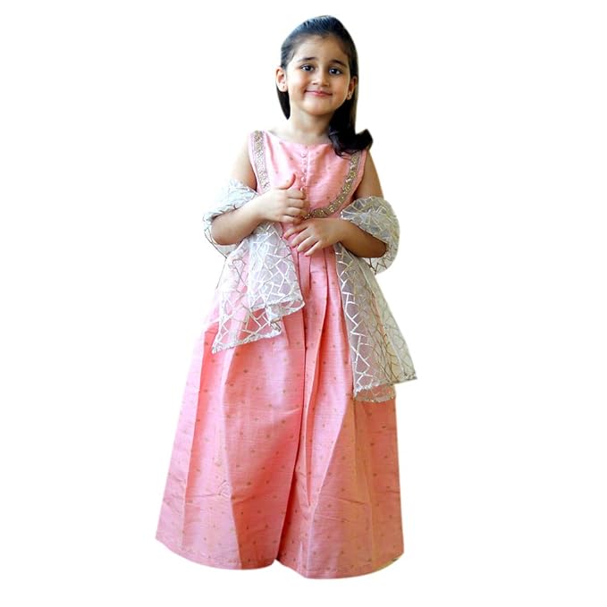 Piccolo Girls Sleeveless Indian Gown with Dupatta Cotton in Peach Color