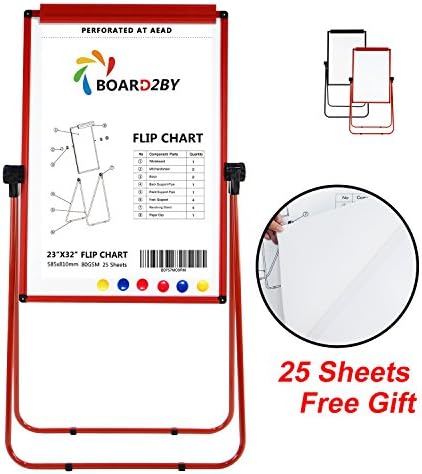 Board2by U-Stand Whiteboard/ Flipchart Easel - 24" x 36” Aluminum Frame Magnetic White Dry Erase board, Height Adjustable 360 Degree Rotating Red Easel, 25-Sheet Easel Papers and 6 Magnets for Free