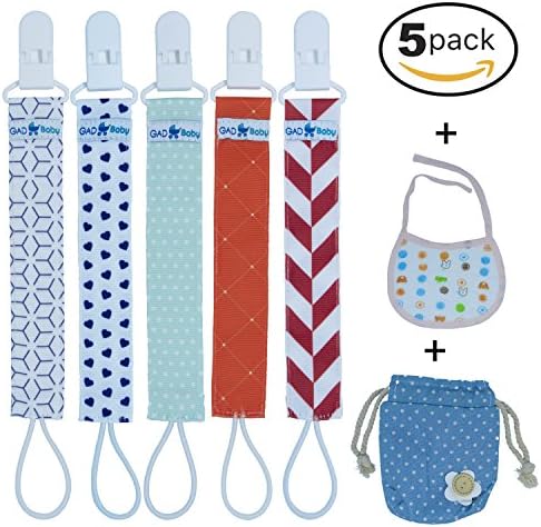 GAD Baby Pacifier Clips Set: 5-Pack Pacifier Holders + Baby Bib+ Cute Fabric Bag/Multicolored Durable Infant Soother Holders for Boys &amp; Girls/Easy To Clean w/ Safe Plastic Clips/ Great Shower Gift