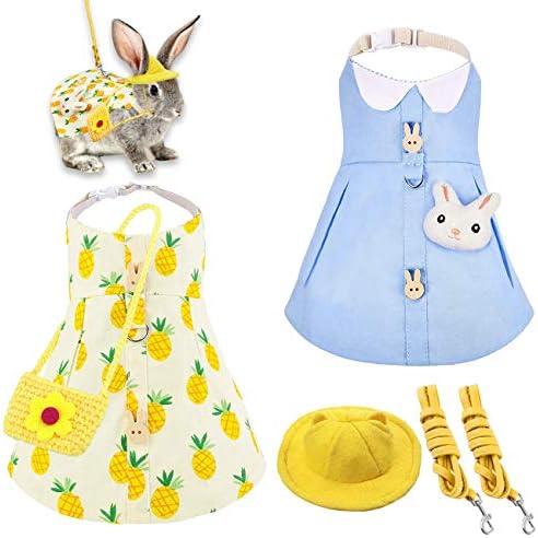 TSLIVE 2 Sets Cute Pet Rabbit Dress, Bunny Accessories, Rabbit Accessories, Hamster Clothes, Guinea Pig Costume, Comes with Mini Hat and Bunny Brooch（Blue and Gold Pinapple）