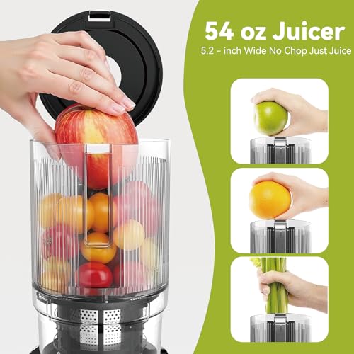 Cold Press Juicer Machine, 5.2" Wide Feed Chute Juice Extractor, 54 oz Large Hopper, Easy to Clean & High Juice Yield, BPA Free, Slow Masticating Juicer for Whole Fruits & Vegetables