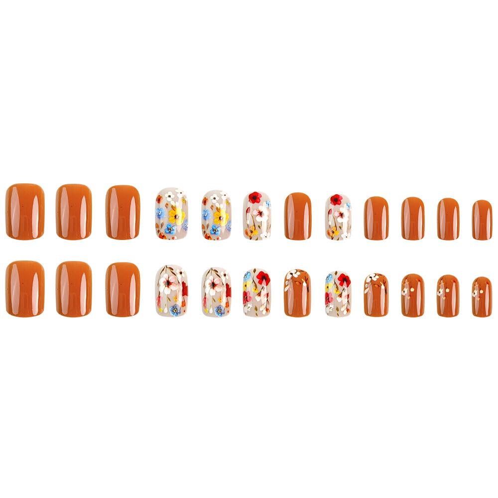 Flower Press on Nails Short Square Spring Nails Press ons Medium Orange Fake Nails with Floral Design Glue on Nails Glossy Floral False Nails Full Cover Acrylic Stick on Nails for Women Girls 24Pcs - Image 7