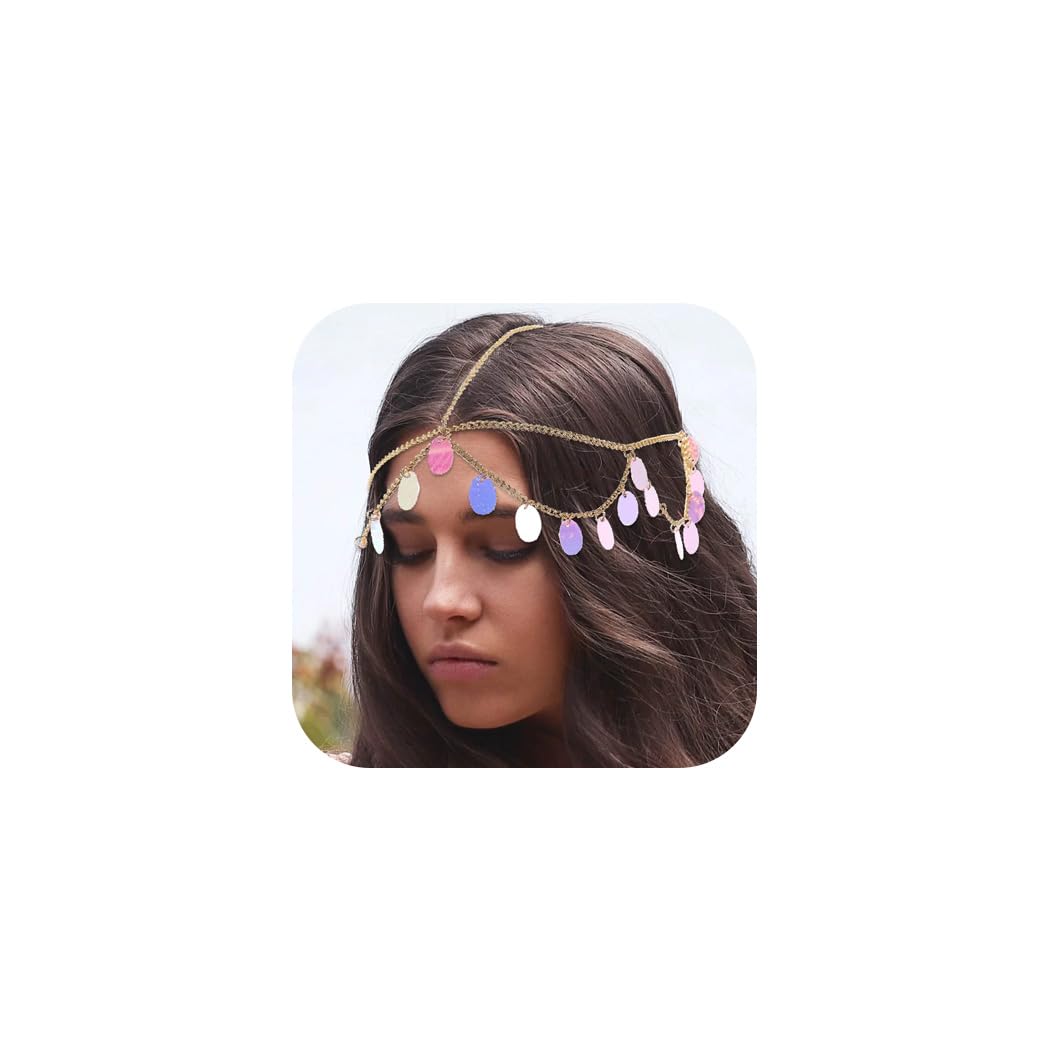 IYOU Boho Women Head Chain Gold Sequin Tassel Headpiece Layered Carnival Halloween Hair Pieces Accessories for Costumes Wedding Cosplay