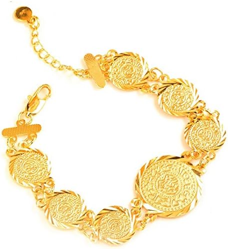 C7 - Dubai Link Chain 7-Coin Trendy Islamic Muslim Stainless Stainless Ladies Girls Women Coin Bracelet Bangle 18K. Gold Plated Gift Ladies Allah Quran