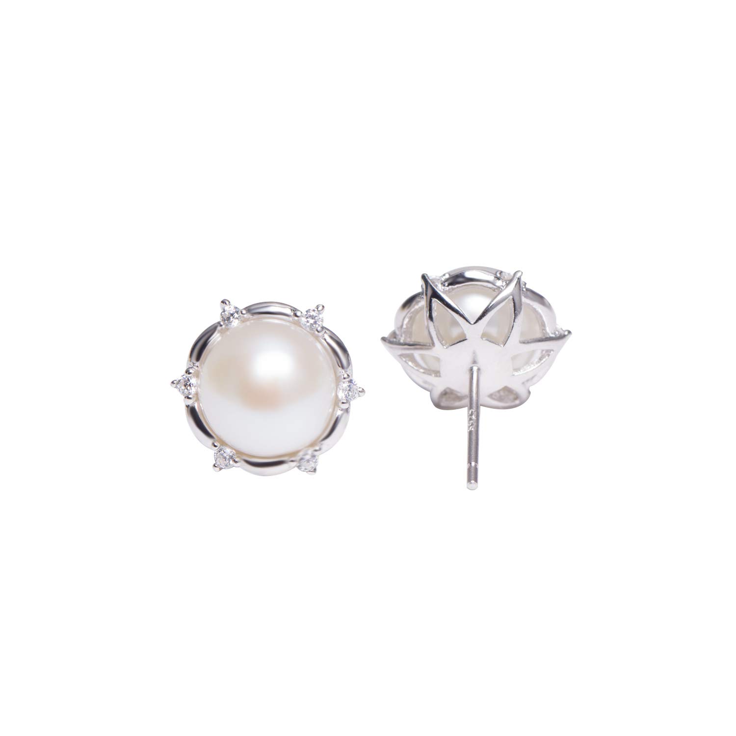 VIKI LYNN Women 925 Sterling Silver Lotus Flower 8-9mm Freshwater Pearl Earrings