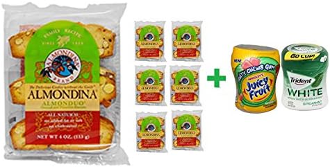 Almondina, Almonduo, Almond and Pistachio Biscuits, 4 oz (113 g)( 7 PACK )+ Fruity Chews Gum Watermelon 1/60 Count + Trident Go Cup Spearmint 1/60 Count (BUNDLE)