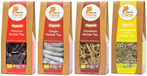 PREMIUM Organic Herbal Tea Sampler - FLAVOR Variety Pack of 4 - Lemongrass, Ginger, Hibiscus and Cinnamon