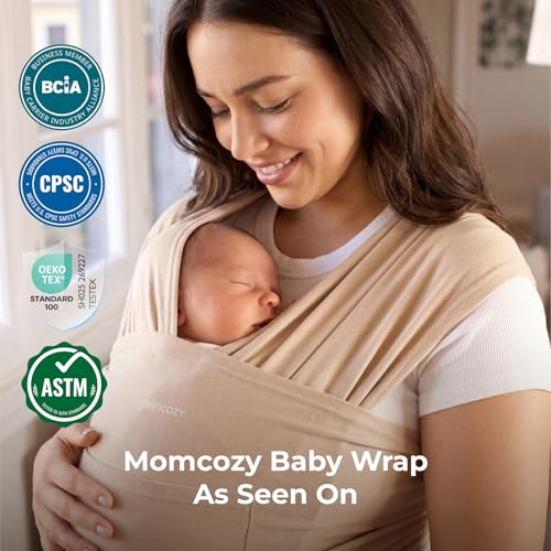 Momcozy Baby Wrap Carrier - Easy to Wear Infant Carrier Slings, Lightweight Hands Free Baby Sling, Adjustable Baby Wraps Carrier for Newborn to Toddler 8-35 lbs, Baby Travel Gear, Light Curry