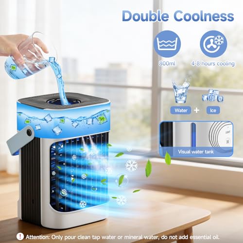 XTTANK 800ml Mobile Air Conditioner, 4 in 1 120° Oscillation Air Cooler, Portable Air Cooler with 7 Colors Night Light, 3 Speed, 2-8H Timer, Mini Air Conditioner for Home/Office