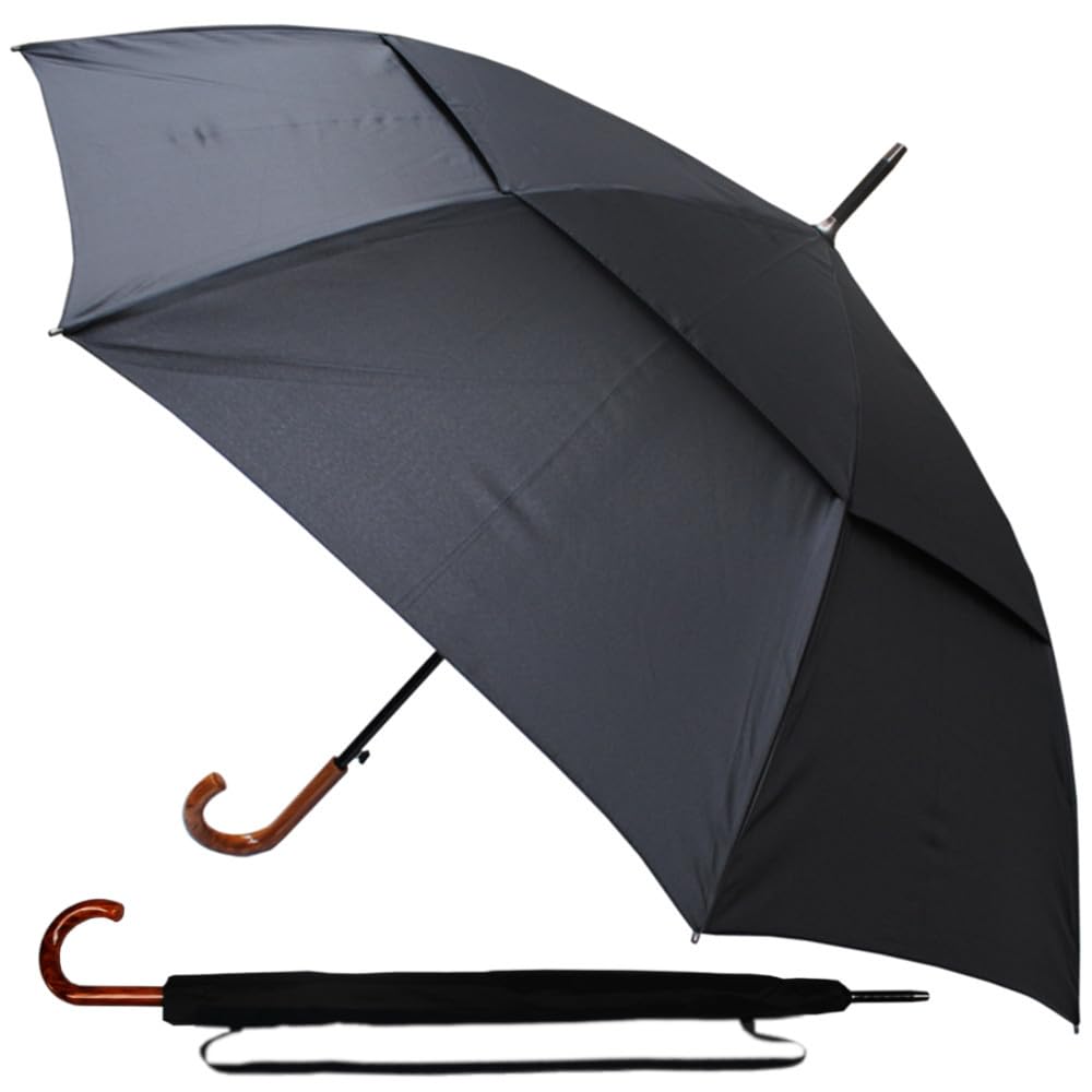 COLLAR AND CUFFS LONDON 60MPH Windproof Umbrella Vented - Strong Umbrella Large XL - Best for Vented Double Canopy - Auto Open - Wood Effect Hook Handle - Rainproof Designer Big Golf - Black