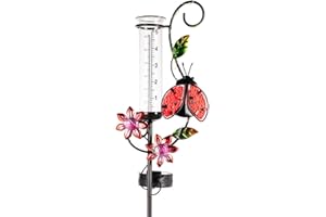 Stargarden Rain Gauge Outdoor, Metal Ladybird Rain Gauge, Solar LED Lights Rain Gauges, Decorative Solar Powered Rain Gauge for Yard, Lawn, Pathway, Patio