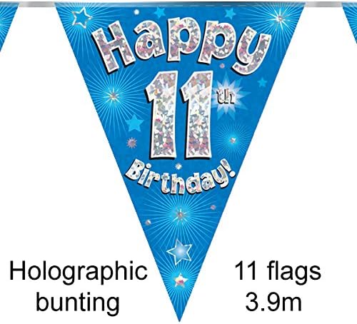 Party Bunting Happy 11th Birthday Blue Holographic 11 Flags 3.9m, 36 cm