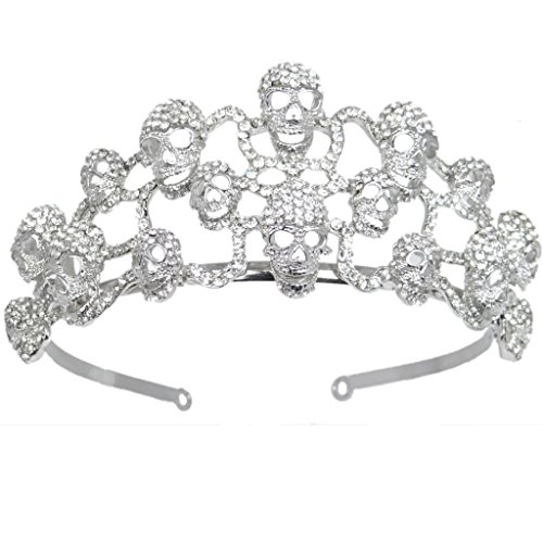 EVER FAITH Halloween Skull Hair Band Tiara Clear Austrian Crystal Silver-Tone