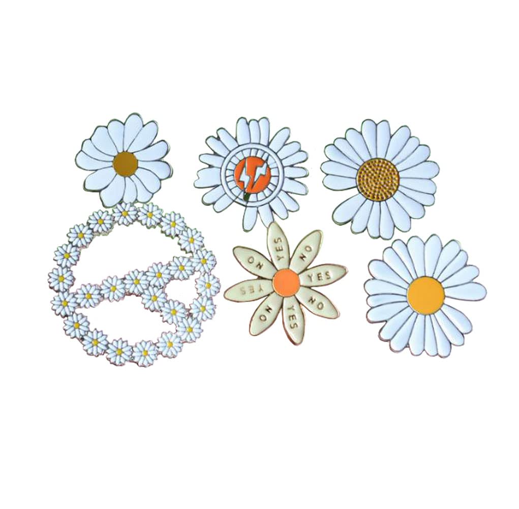 6Pcs Fashion White Daisy Flower Enamel Pin Brooch Cute Shirt Collar Denim Backpack Lapel Pin Button Enamel Pin for Girl Women Jewelry Gift