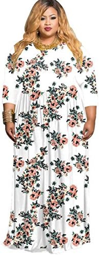 HPLY Women Casual Dresses 3/4 Sleeve Plus Size Printed Round Neck Fold Dress White/4XL
