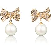 QLUYCKW Bow Pearl Earrings Delicate Crystal Bow Bowknot Pearl Dangle Drop Earrings Wedding Party Daily Accessory Jewelry Gifts for Women