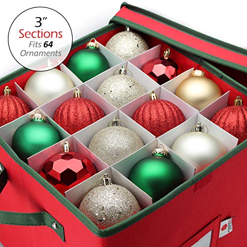 StorageMaid Christmas Ornament Storage Box - Festive Sturdy Xmas Organizer Container for Safe, Secure Storage - Christmas Decoration Box Equipped with a Velcro Cover & Card Slot - 12 x 12 x 12 in
