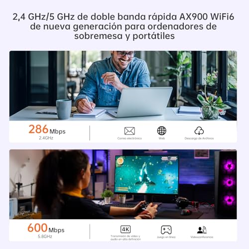 2 in 1 WiFi 6 AX900 + BT5.4 Bluetooth USB WiFi Adapter for PC, Dual Band 5GHz/2.4GHz WiFi Antenna, WPA3 Security, Simple Setup, Built-in Controller for Windows 10/11