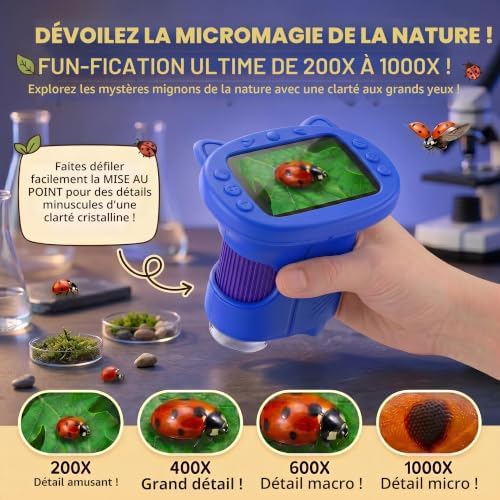 Microscope Enfant, Microscope Numérique Portable 1000X 4K avec Écran IPS 2,4", 8 LED, USB Rechargeable, Jouet Éducatif Scientifique STEM, Cadeau Anniversaire Fille Garçon 3-12 Ans, Bleu