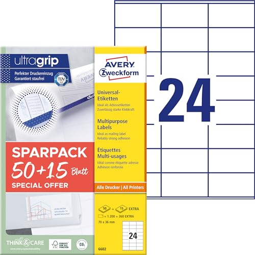 AVERY Zweckform 6602 Address Labels (1,200 Plus 360 Adhesive Labels Extra, 70 x 36 mm on A4, Matte Paper, Printable Sender Labels, Self-Adhesive Address Labels with Ultra-Grip) 65 Sheets, White