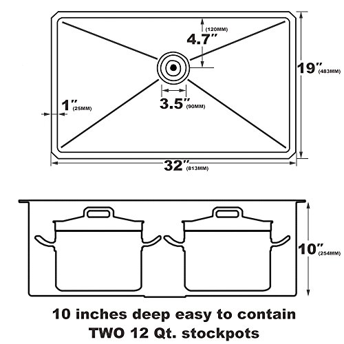 Ufaucet Commercial 32 Inch Extremely Durable Black Nano Titanium Plating T304 Stainless Steel Kitchen Sink,16 Gauge Undermount Single Bowl Handmade R10 Kitchen Sinks Includes Drain and Grid - Thumbnail 5