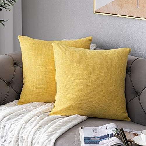Anickal Mustard Yellow Pillow Covers 18x18 Inch Set of 2 Rustic Farmhouse Chenille Decorative