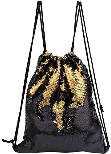 Mermaid Sequin Drawstring Bags, Reversible Flip Sequins Sports Backpacks Magic Glitter Shoulder Bags Beach Hiking Bags Fashion Dancing bag Rucksack for Girls Kids Women (Black to Gold)