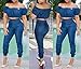 FISACE Women's Short Sleeve Off Shoulder Denim Crop Top Pants Suit Set Jumpsuit 2 Pieces