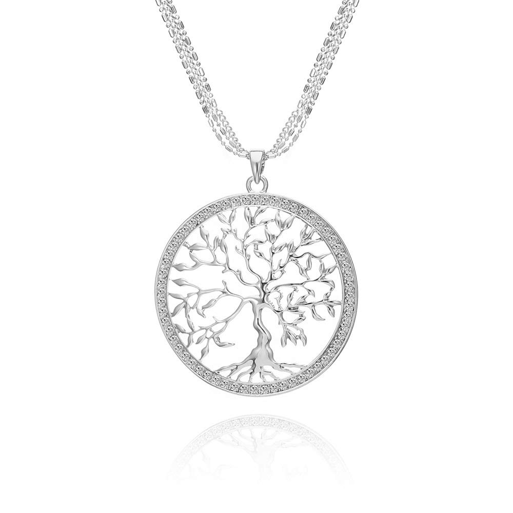 Fashion Tree of Life Pendant Necklace for Women Long Chain Necklace with CZ Crystal and Shining Rhinestone for Girls (Silver Plated)