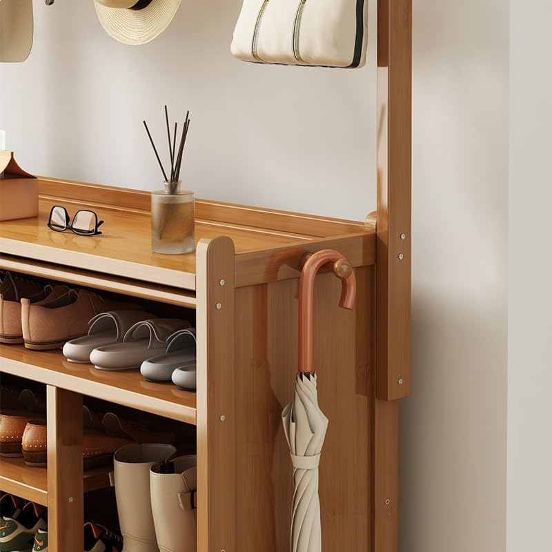 Shoe Rack Storage Cabinet Bamboo Free Standing Shoe Racks with Dustproof Curtain Storage Shelf Organizer for Entryway Hallway Bedroom (E-7 Tier)