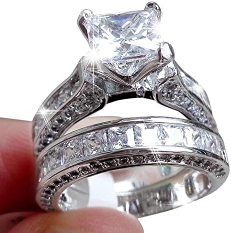 Aniywn Hot Sale! 2-in-1 Women Vintage White Diamond Silver Engagement Wedding Band Ring Set (8#, Silver)