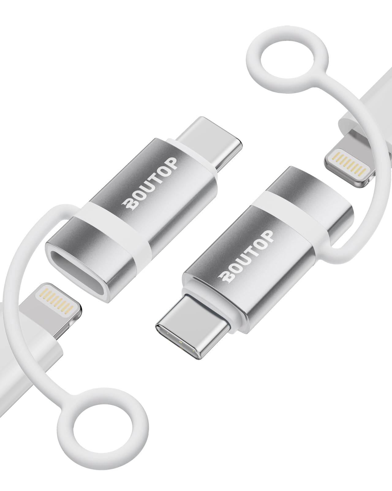 BOUTOP [Apple MFi Certified 60W Lightning to USB C Adapter for Fast Charging Compatible with iPhone 15 Pro/15 Pro Max/15/15 Plus, MacBook, iPad - [2 Pack, Silver]