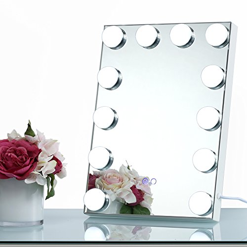Joyful Store Frameless Hollywood Vanity Mirror with Lights Tabletop or Wall Mounted Lighted Makeup Mirror with Dimmer LED Illuminated Cosmetic Mirror with Dimmable Bulbs (12″ x 16″, white)