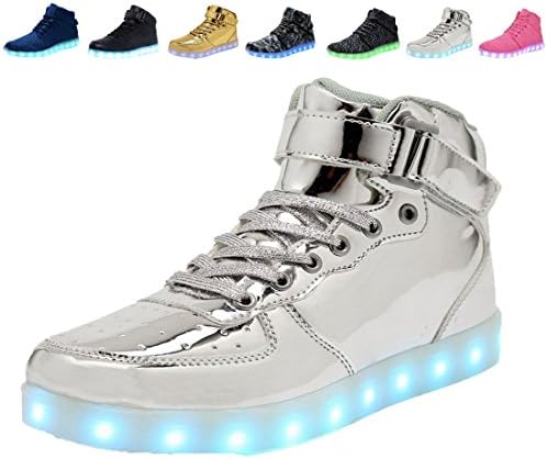 DEMANGO Led Light Up Shoes for Mens Womens High Top Flashing Rechargeable Sneakers ,size 44, Silver5