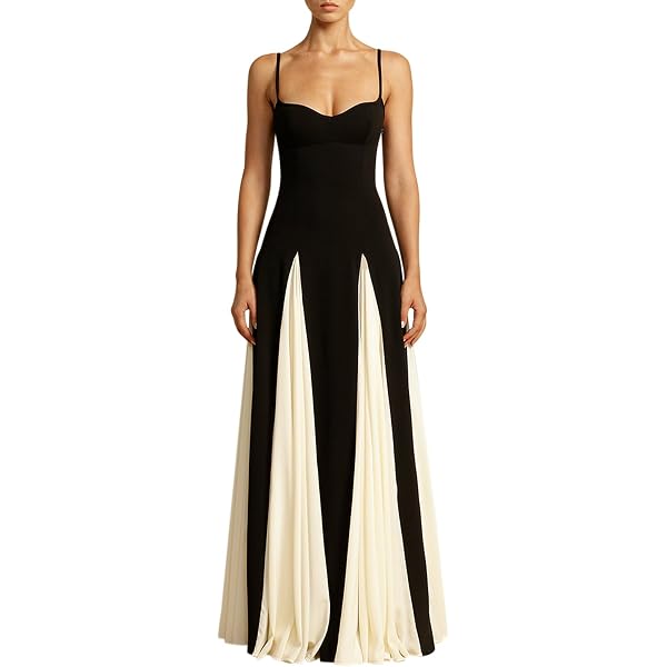 Amazon.com: Cjfdfy Women's Elegant Pleated Maxi Dress Spaghetti Strap Black  and White Color Block Gown Low Cut Patchwork Swing Dresses (Black and White,  S) : Clothing, Shoes & Jewelry