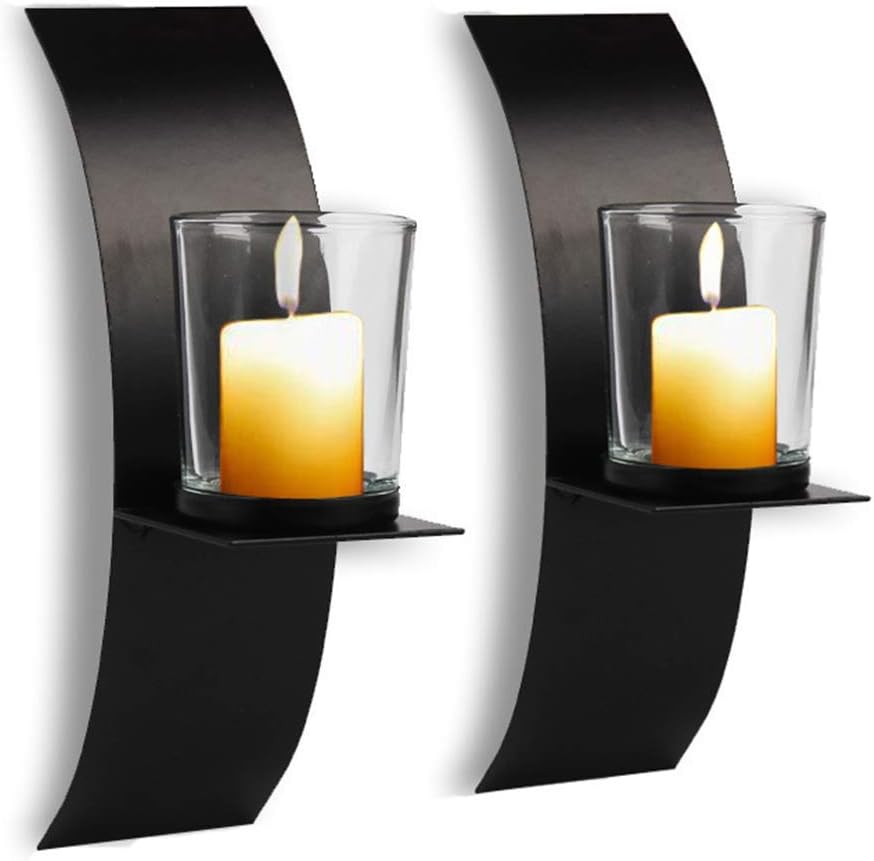 POHOVE 2 Pcs Modern Art Candle Holder For Wall Iron Art Candle Holder With Glass Cup Wall Sconces Set Of Two Candle Holder Metal Black for Home Wedding Living Room Decoration