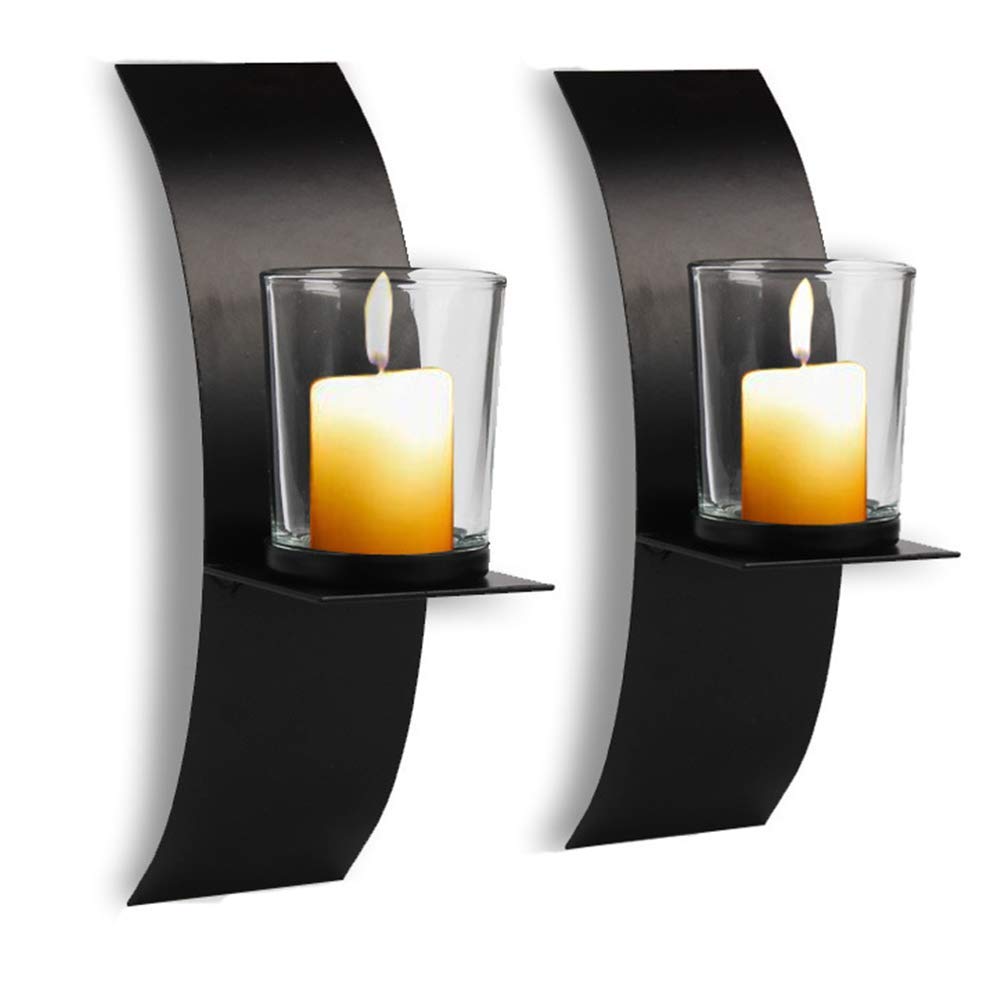 POHOVE 2 Pcs Modern Art Candle Holder For Wall Iron Art Sconces Set Of Two Metal Black for Home Wedding Decoration