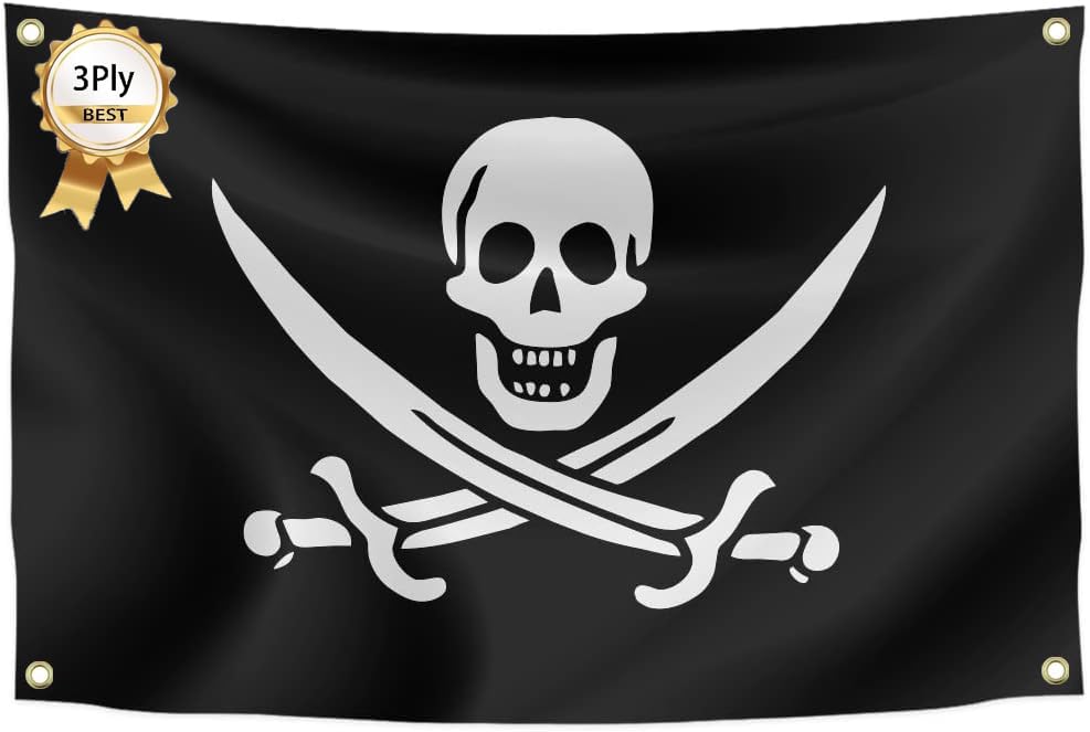 Photo 1 of 3 Ply Jack Rackham Knife Jolly Roger Skull and Crossbones Pirate Flag 2x3ft Double Stitched Heavy Duty 100D Polyester Vivid Color with 4 Brass Grommets For Indoor and Outdoor Decoration…