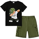 Cakaner Boys' 2-Piece Summer Outfit Short Sleeve Graphic T-Shirt and Cargo Shorts Set Toddler to Big Kid Size 5-10